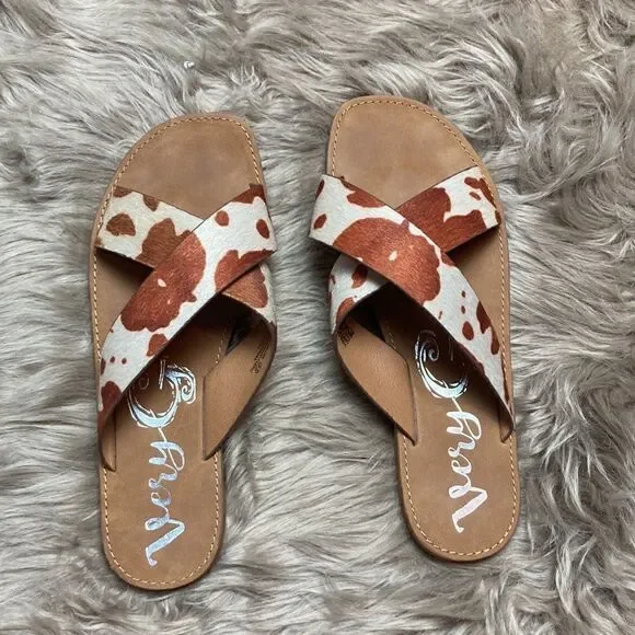 Very G Annie Seaside Cow Print Double Cross Strap Vegan Animal Fur Sandal Slides - Picture 3 of 9